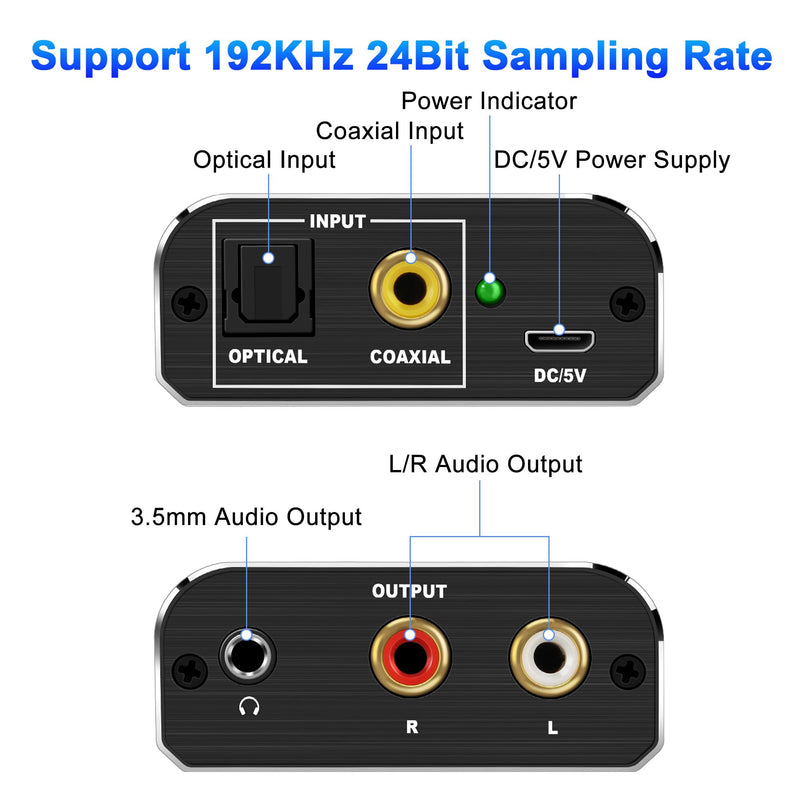 Digital to Analog Audio Converter, 192kHz DAC Digital Coaxial and Optical Toslink to Analog 3.5mm Jack Adapter and RCA (L/R) Stereo Audio Adapter with Optical Cable for HDTV Home Cinema Systems