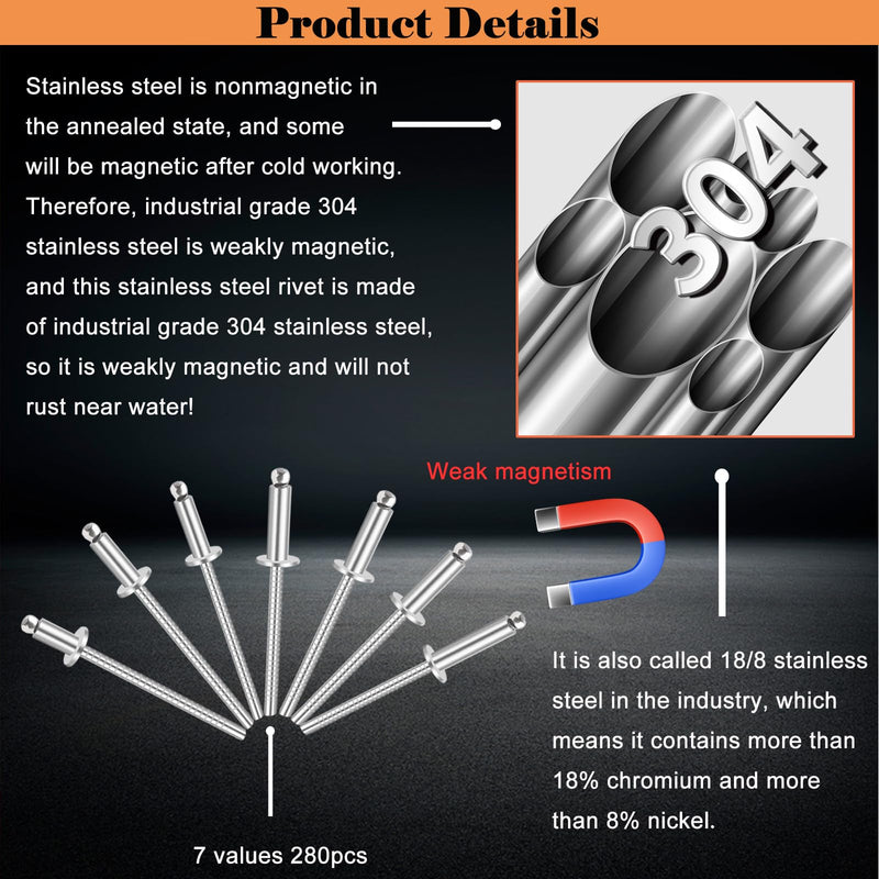 70pcs 3/16 x 1/2 inch Stainless Steel Blind Rivets, 4.8 x 12.7mm Stainless Steel Pop Rivets, Pack of 70 3/16" x 1/2"