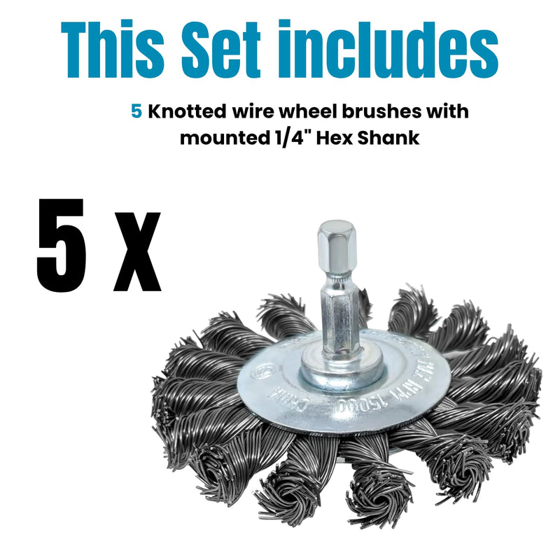 5pk 3in Knotted Wire Brush Wheel for Drill and Impact Driver, 1/4in Hex