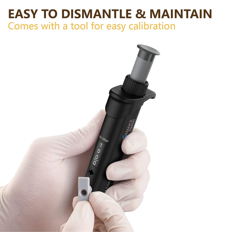PER4MANCE Pipette - 10~100µL Adjustable Single Channel Pipette, ISO Calibrated Low Plunger-Force Ergonomic Micropipette with Autoclavable Lower and Universal Tip Cone, Ultra-Light Precise Pipettor 10-100µL