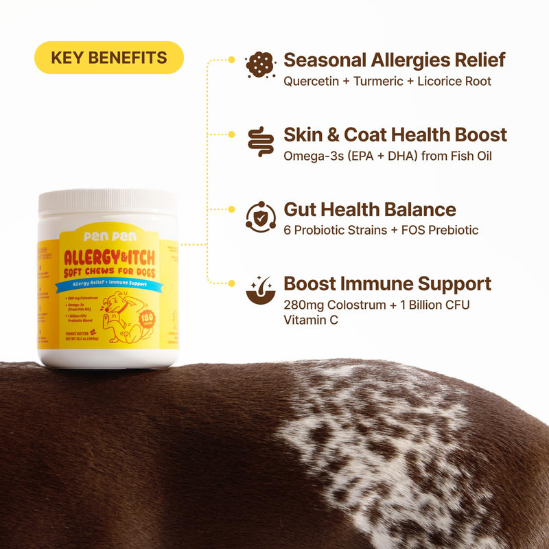 PENPEN Dog Allergy Chews - Anti-Itch & Itchy Skin Support for Dogs, Probiotics & Omega 3 (Fish Oil) for Immune & Gut Health - Peanut Butter Flavor - 180 Soft Chews 180 Chews