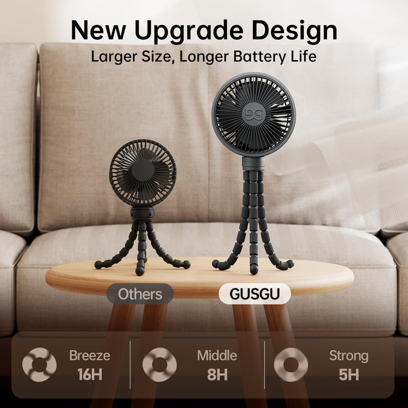 GUSGU Baby Stroller Fan with Clip, Rechargeable & Battery Operated Portable Fan with 16H Max Runtime, Hands Free 360° Adjustable Quiet Personal Fan for Travel, Car Seat, Crib, Trolley, Bedroom Black