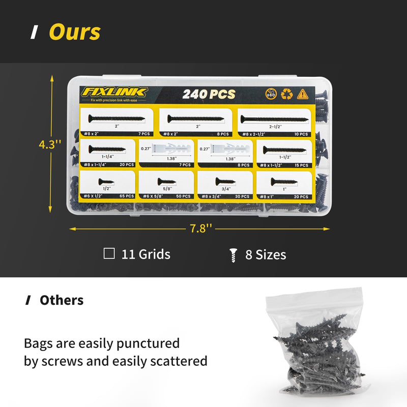 Wood Screws Assortment Kit, FIXLINK 240 PCS High Hardness Flat Head Wood Screws Set, Phillips Drive Assorted Screws, Contain 15PC Anchors and 8 Size (2-1/2”,2”,1-1/2”,1-1/4”,1”,3/4”,5/8”,1/2”), Black