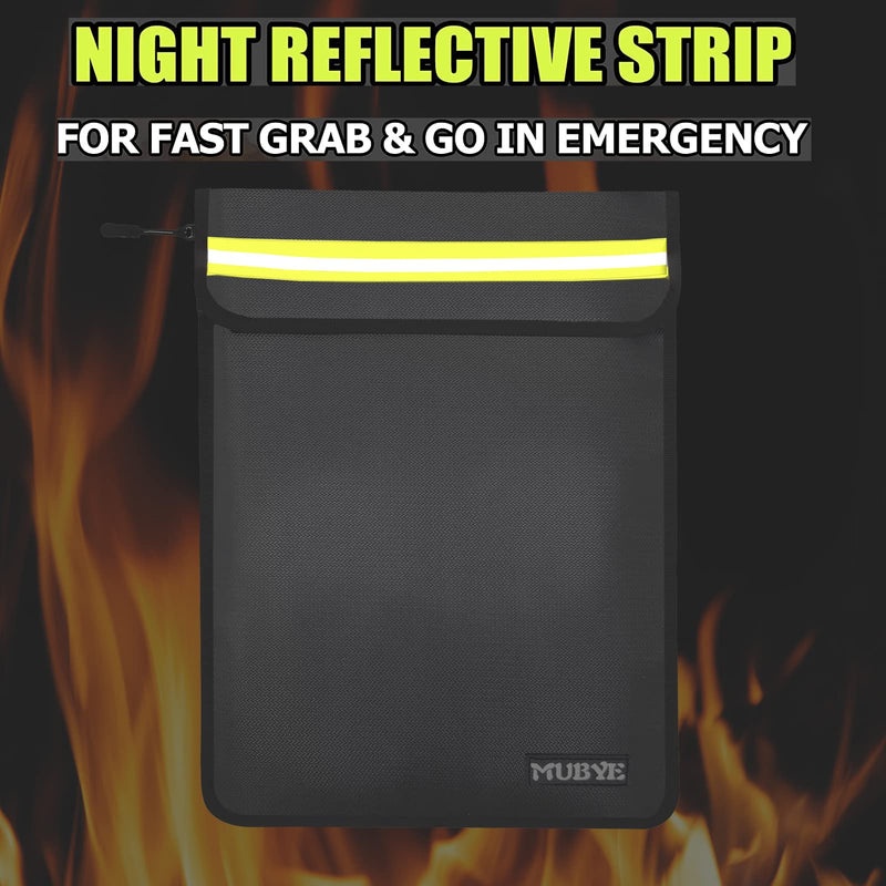 Fireproof Waterproof Money Document Bag - 15"x 11" Safe Zipper Bags with Reflective Strip, Fire & Water Proof Storage Organizer Pouch for Important Documents Holder,File,Cash,Passport,Tablet (Black) Black