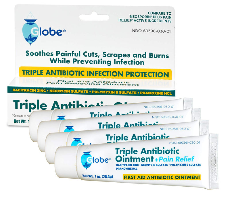 Globe (4 Pack Triple Antibiotic + Pain Relief Ointment 1oz, First Aid Antibiotic, Soothes Pain, Cuts, Burns and Scrapes 24 Hour Infection Protection