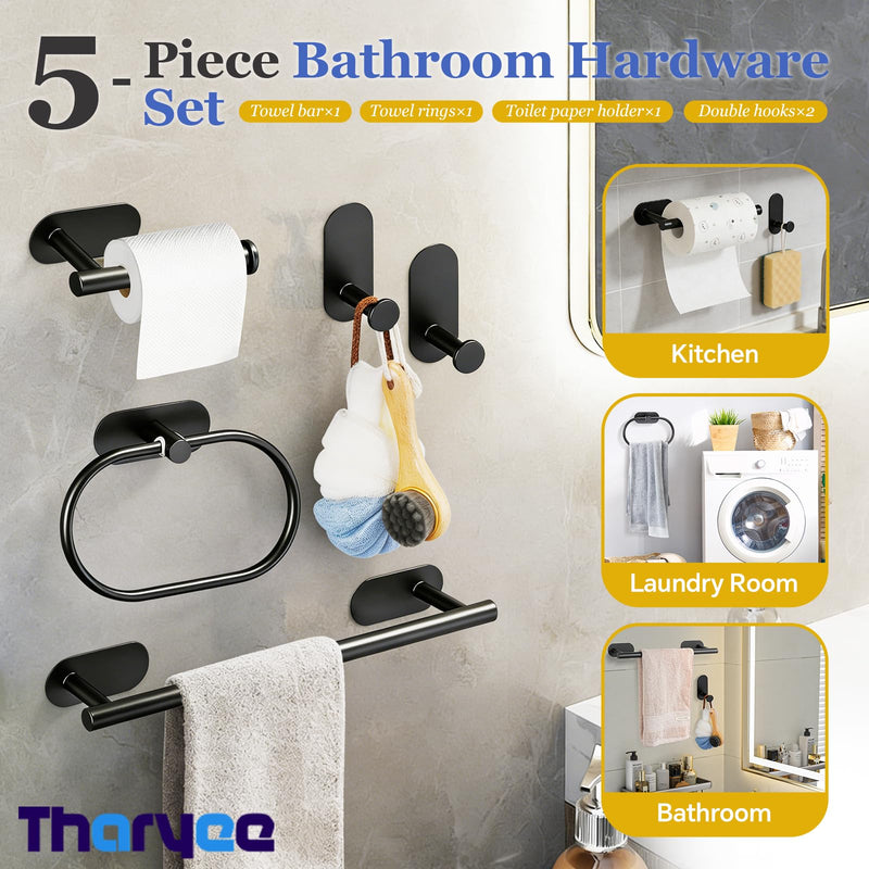 5 Piece Bathroom Hardware Set, 15.7 Inch Towel Bar, Towel Racks for Bathroom, Toilet Paper Holder, Towel Ring, Towel Hooks, Stainless Steel Matte Black Bathroom Accessories Set