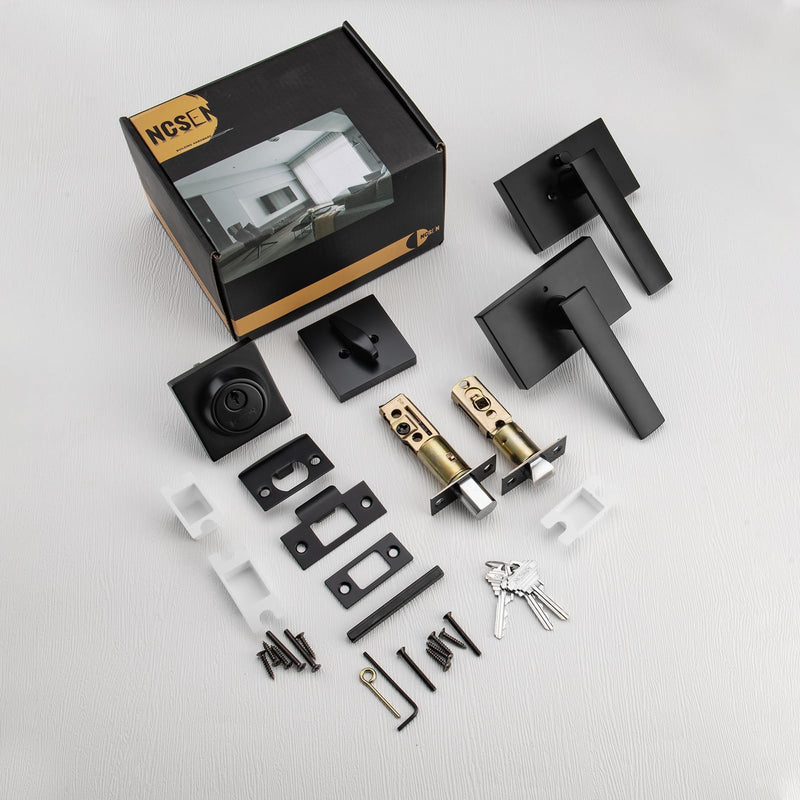 Matt Black Exterior Door Lock Setl, Front Door Handle with Deadbolt Lock, Heavy Duty Entry Door Handlset 1 Rectangle