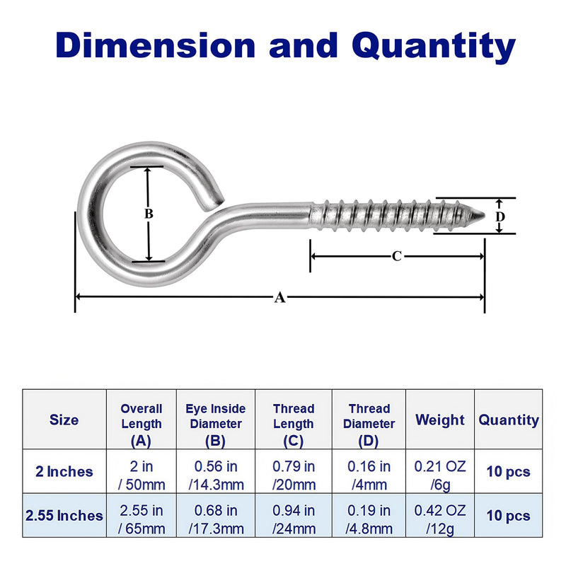 20 PCS Eye Screws 2.55 Inch & 2 Inch Stainless Steel Eye Bolt, Heavy Duty Screw Eyes for Wood, Eye Hooks Screw for Secure Cable Wires, Indoor & Outdoor Use, 2 Sizes