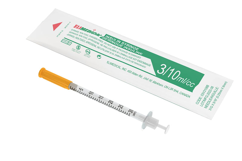 Veterinary Insulin Syringe U-100 0.3cc (ml), 31G x 5/16 inch (7.9mm), Individually Packed, for Pet Cat or Dog, 100 per box, 03V3108B