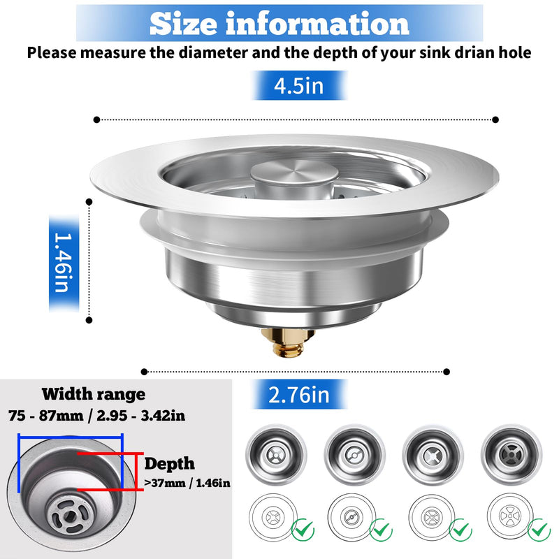 Upgraded 3 in 1 Kitchen Sink Drain Strainer Stopper, Brushed Stainless Steel SUS 304 Pop Up Sink Drain Stopper for Standard 3-1/2 Inch Drain Anti-Clogging Odor Prevention SUS304 Drain+SUS304 Strainer-1Pack