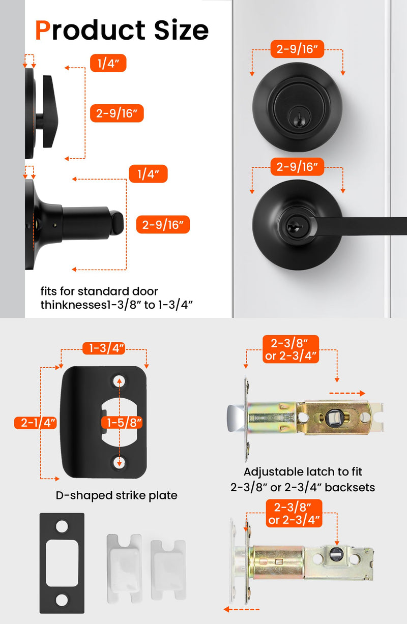 Haidms Black Exterior Door Handle Set with Deadbolt, Front Door Lock Set, Matte Black Door Lever and Single Cylinder Deadbolt, Entry Door Locksets, Heavy Duty Zinc Alloy 1 Pack Lever&Deadbolt