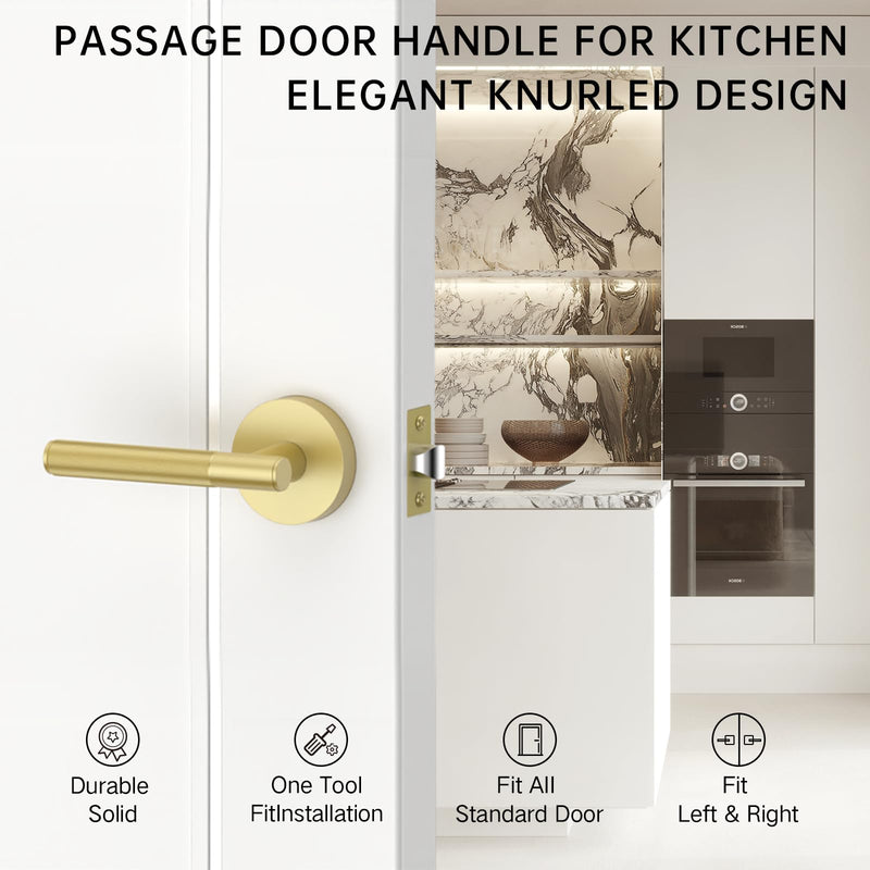 FILTA Gold Door Handles Interior Passage Round Door Handle Knobs Knurled Heavy Duty Keyless Door Lever Lock for Bedroom and Bathroom 1 Pack Passage Door Lever