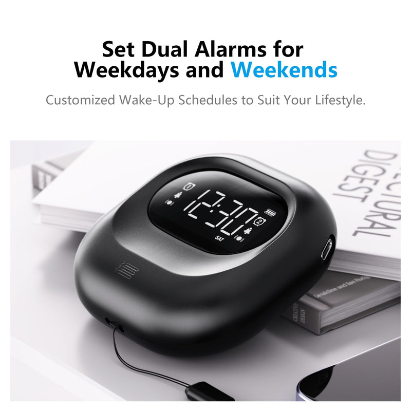 Mesqool Vibrating Alarm Clock for Heavy Sleepers, Battery Operated Rechargeable Bed Shaker Under Pillow, Weekday/Weekend Dual Alarms, Wireless, Cordless, Travel Digital Clock for Hearing-impaired Black