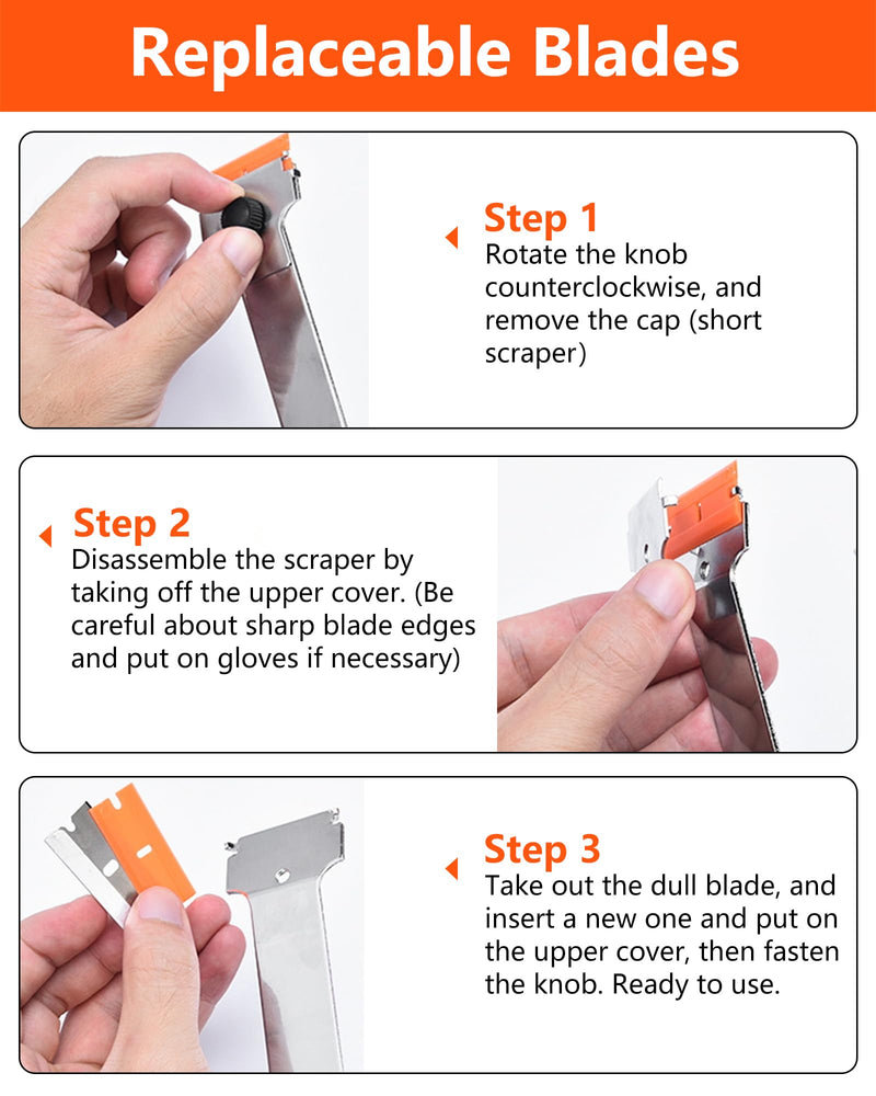 Razor Blade Scraper,Long Handle Razor Scraper Tool for Removing Label, Registration Sticker, Tint, Grease from Windshield, Appliance, Glass (Extra 10 Metal and 10 Plastic Blades) Orange