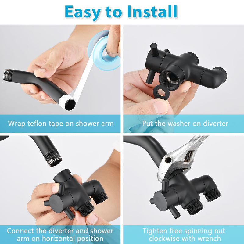 PDPBath Brass 3 Way Shower Arm Diverter Valve for Handheld Shower Head and Fixed Shower Head, G1/2 Universal Connection - Matte Black