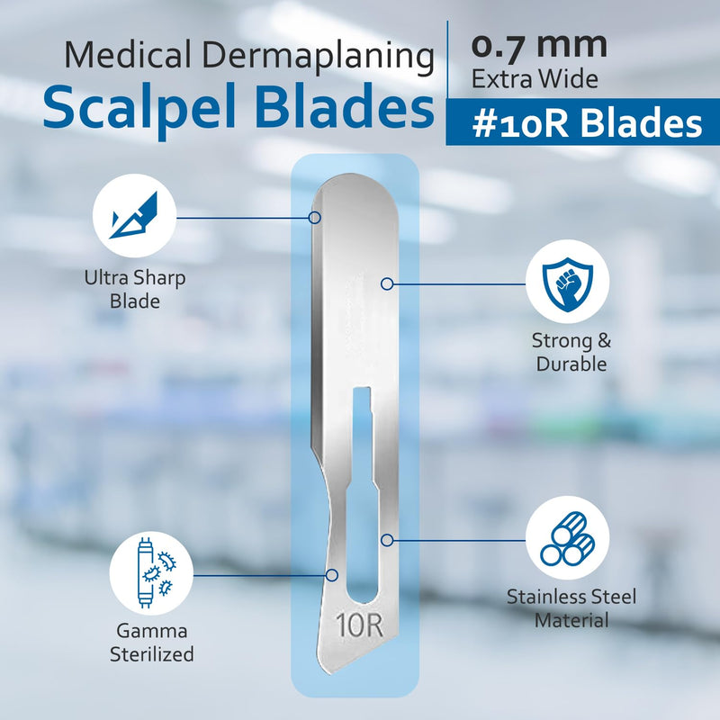100 pcs #10R Dermaplaning Scalpel Blades 0.7 mm Extra Wide Sterile Blades Carbon Steel - Individually Wrapped Pack of 100 Blades (#10R Blades (100 Qty)) #10R Blades (100 qty)