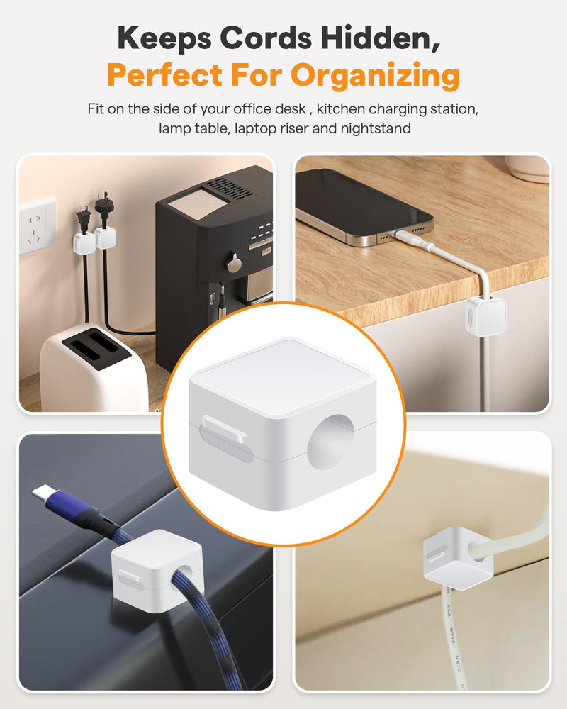 6 Pack Magnetic Cable Clips+2 Sheets (20 Lables) Cute Self-Adhesive Sticker Lables, 11.5mm Ultra Slim Smooth Adjustable Cord Holder, Under Desk Cable Management for Home/Office/Kitchen/Nightstand White