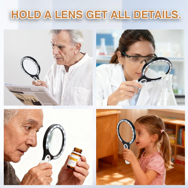 Large Magnifying Glass with Light, Ebbnivs Handheld Magnifying Glasses Magnifier with 5 Light Modes & 10 Level Brightness Gift for Elderly Reading Close Work Hobby