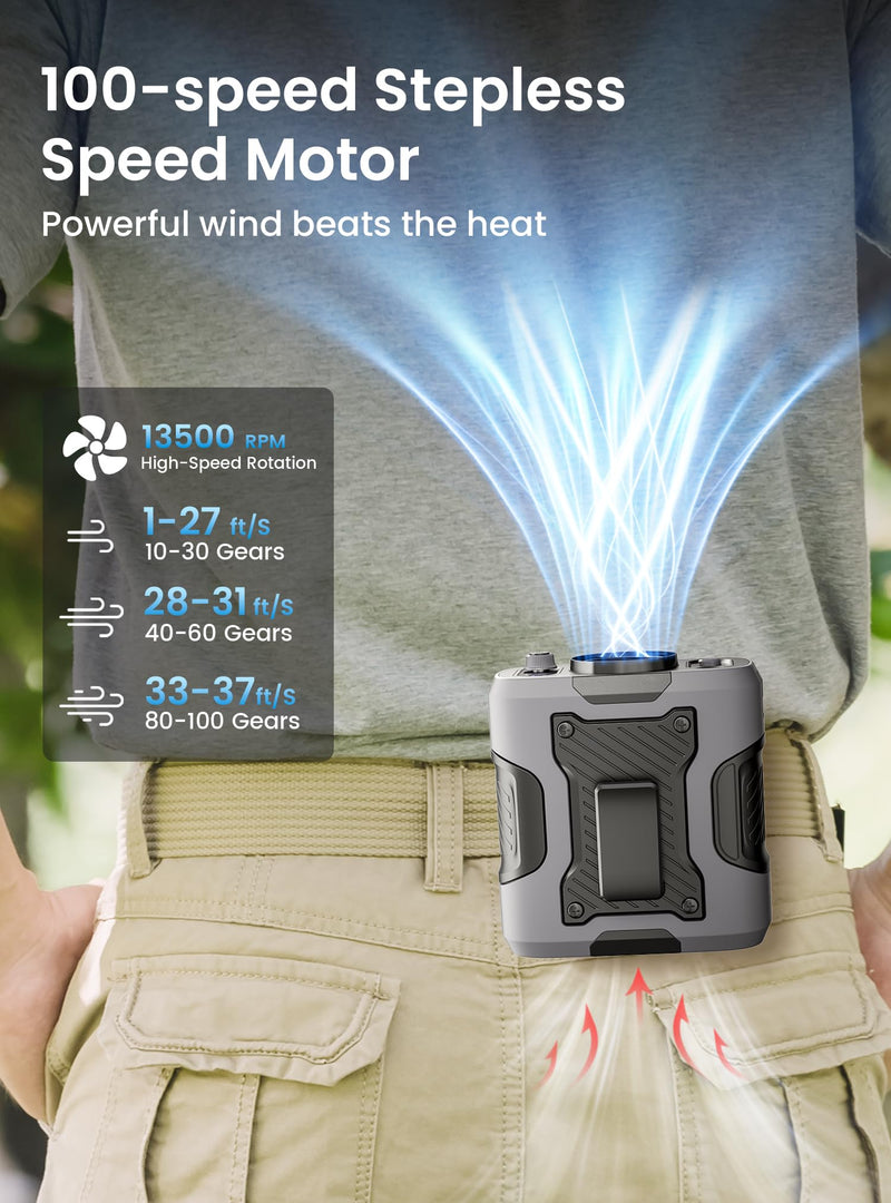 Koonie Portable Waist Clip Fan, Wearable Belt Personal Device with 100 Levels Speeds, Rechargeable Battery Supports 24H Working Time, Cool Clip Fan Under Shirt for Outdoor Work Camping Travel Gray