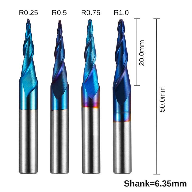 4pcs 2-Flute Tapered Ball Nose Spiral End Mill, Nano Blue Coating Tungsten Carbide CNC Router Bits, 2D and 3D Engraving Carving Woodworking Bits, R0.25-1.0, 1/4'' Shank, TB04B