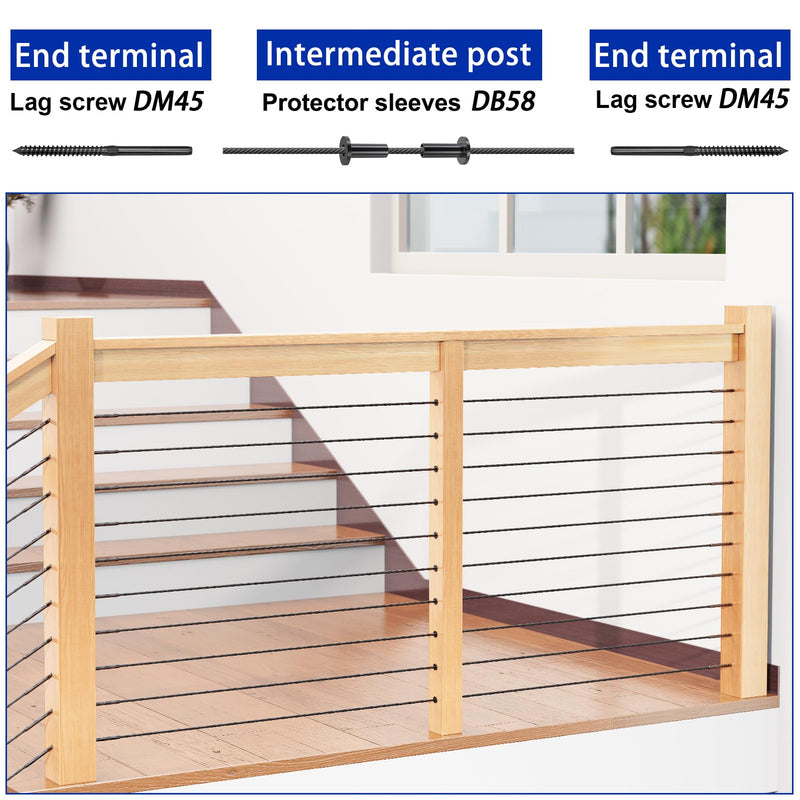 200 Pack Cable Railing Protector Sleeves for 1/8” Deck Railing System, Black Cable Railing Kit Hardware for Wood Post, T316 Stainless Steel Marine Grade DB58 1/8" 200