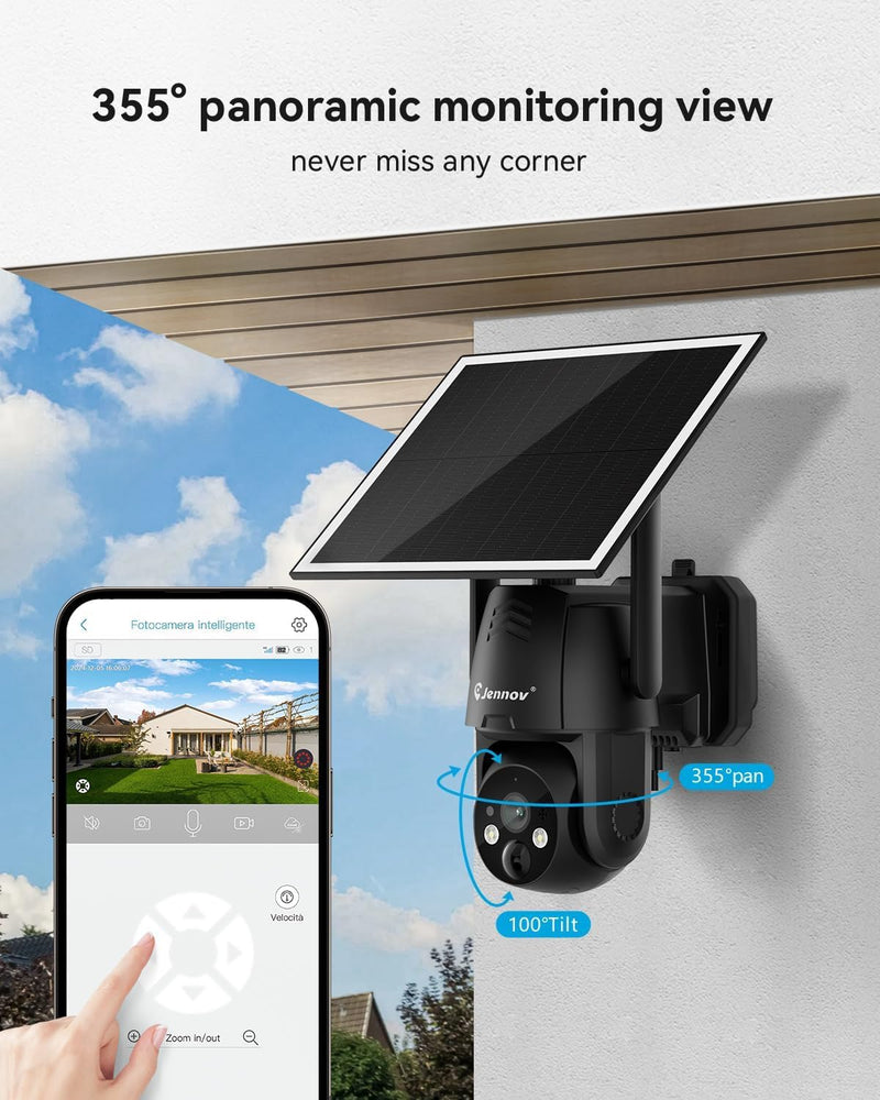 Jennov 4G LTE Cellular Solar Security Camera Wireless Outdoor, No WiFi Need Camera Home Security, 2K Color Night Vision, 360° PTZ, PIR Motion Detection, 2-Way Talk, IP65 Waterproof, Built-in SIM Card