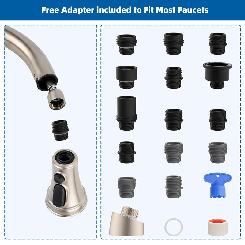 Hibbent Kitchen Faucet Head Replacement with Pull Down Spray Head, 3 Function Faucet Sprayer Nozzle - 15 Adapters Compatible with Moen, American Standard, Delta, Kohler - Brushed Nickel Stay on spray with hold button(common)