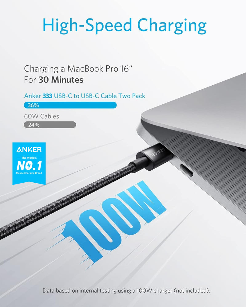 Anker USB C to USB C Cable (6FT, 2Pack), Type C 100W Charger Cord Fast Charging for iPhone 16 Series,MacBook Pro 2020,Pixel And More(USB 2.0,Black) Black 6ft