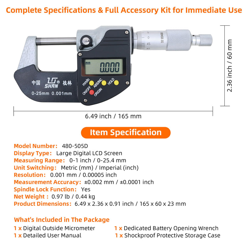 0-1 Professional Digital Micrometer，0.00005" /0.001mm Resolution，Digital Outside Micrometer with Carbide Tip 0-1" Range with Ratchet Stop, Precision Machinist Workshop Automotive Tools Digital Micrometer 0-1" (0-25mm)