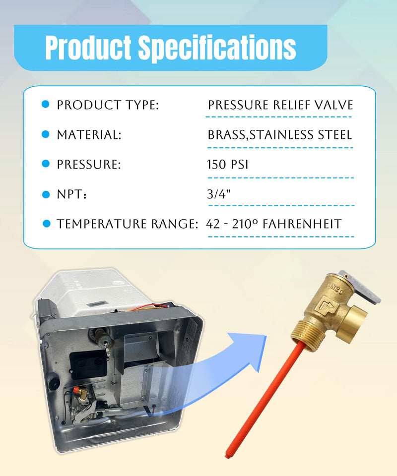 Temperature and Pressure Relief Valve with Extended Probe Fits For Suburban 3/4" NPT Thread RV Water Heaters Parts (150 PSI)