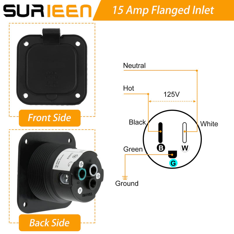 15 Amp Flanged Inlet, 125V NEMA 5-15P Shore Power Inlet Receptacle, AC Port Plug with Waterproof Cover Recessed Male Outlet, 2 Pole 3-Wire Straight Blade Electric Plug for RV Trailer Shed Block Heater