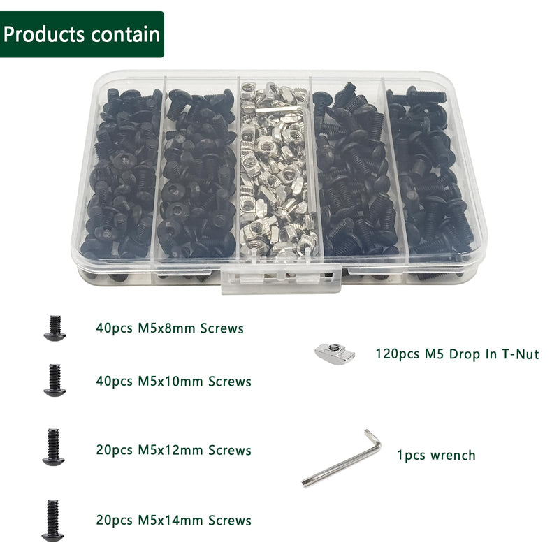 240Pcs 2020 Aluminum Extrusion Hardware Accessories, M5 T Nuts scerws kit for Balck 8020 2040 2020 V T Slot Rail Aluminum Extrusion Profile Connectors