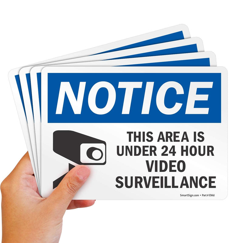 SmartSign (Pack of 4) 5 x7 inch “Notice - This Area Is Under 24 Hour Video Surveillance” Sticker Labels with Symbol, 5 mil Laminated Polyester with SuperStick Adhesive, Blue, Black and White, USA-Made 5" x 7" SuperStick Label (Pack of 4)