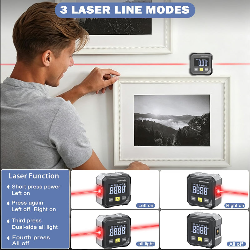 HDLNKAK Digital Angle Finder with Line Lasers, Rechargeable Laser Level, 4-side Strong Magnetic Angle Gauge, Backlit multifunctional Cube Protractor, Suitable for Woodworking,and Hanging Decorations.