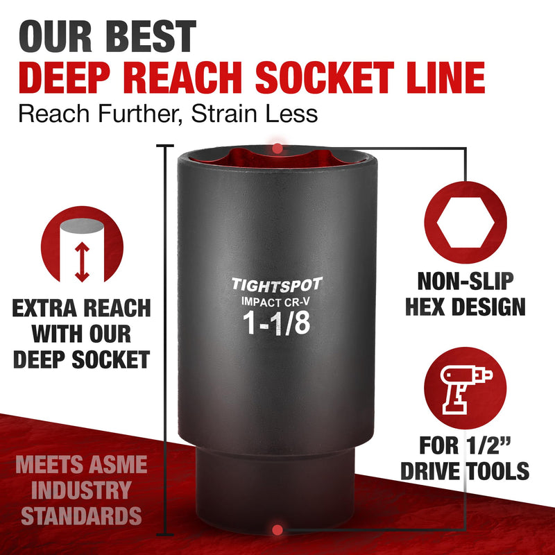 TIGHTSPOT 1/2 Inch Drive - 1 1/8 Inch Deep Impact Socket with Anti-Rounding 6 Point Design, Heat-Treated CRV Steel 1/2” Drive Deep Socket 1/2” Drive 1 1/8” Deep Impact Socket - 6pt