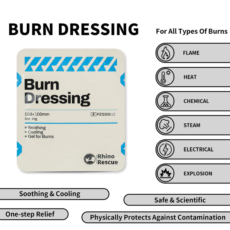 RHINO RESCUE Burn Kit, 4pcs Burn Dressings 4x4”, 8pcs Burn Gel Packets 3.5g, 4pcs Burn Pads, First Aid Kit Cooling Soothing Cream Relief with Bandage, Nitrile Gloves, Scissors, Tape, HSA/FSA Eligible