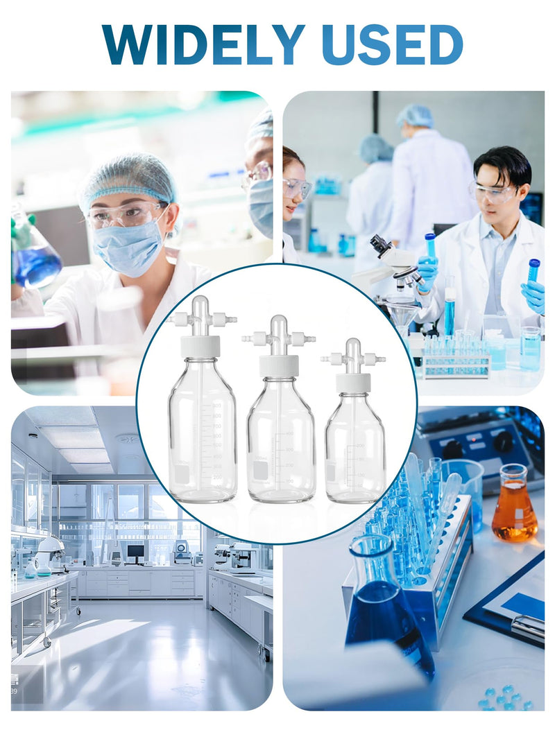Lab Gas Washing Bottle with GL45 Screw Cap, Graduated Laboratory Buffer Bottles, Drechsel Head with Detachable Hose Connectors, 500ml, White PTFE Lid, Up to 250℃, Acid and Alkali Resistant PTFE-Caps