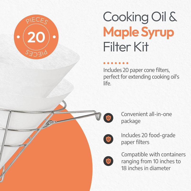 Maple Syrup Cone Filter Holder with 20 Paper Filters | Cooking Oil Filter Strainer | Stainless Steel | Deep Fryer Oil Filter Strainer Stand | 10" Inch Cone Filters