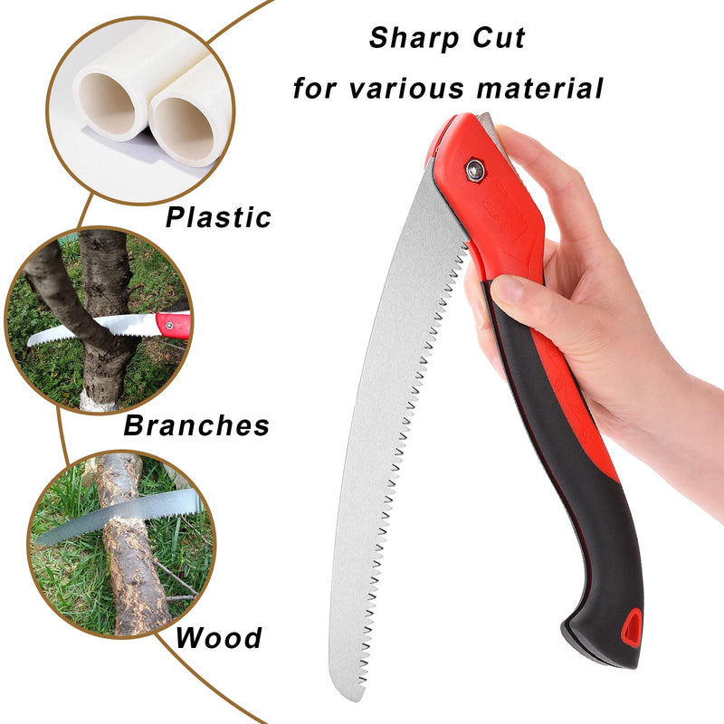 10 Inch Heavy Duty Pruning Saw, Folding Hand Saw with SK5 Curved Blade, Triple-cut Razor Teeth Used for Trees Wood Cutting Camping Gardening Work, Hiking, Landscaping, Tree Trimming 10 Inch