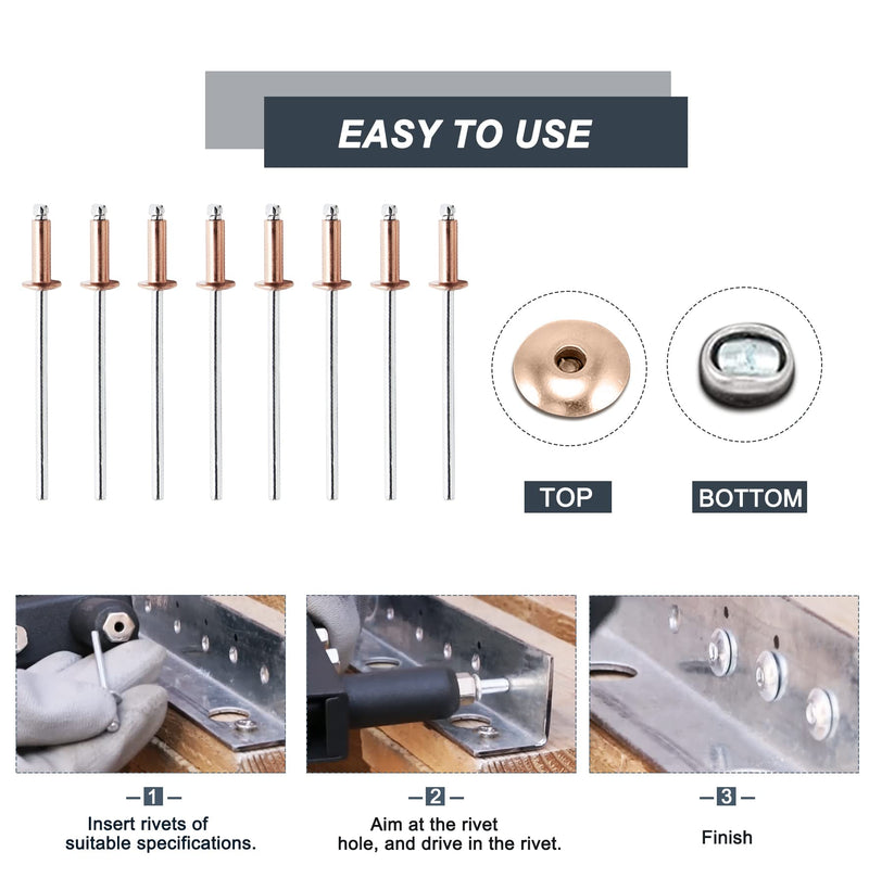 3/32" x 5/16" Red Copper Pop Rivets Assortment - 60Pcs, Aluminum Rivets Metal Blind Rivets Kayak Rivets Tool Marine rivet fasteners for Boat 3/32" x 5/16" Red, 60pcs