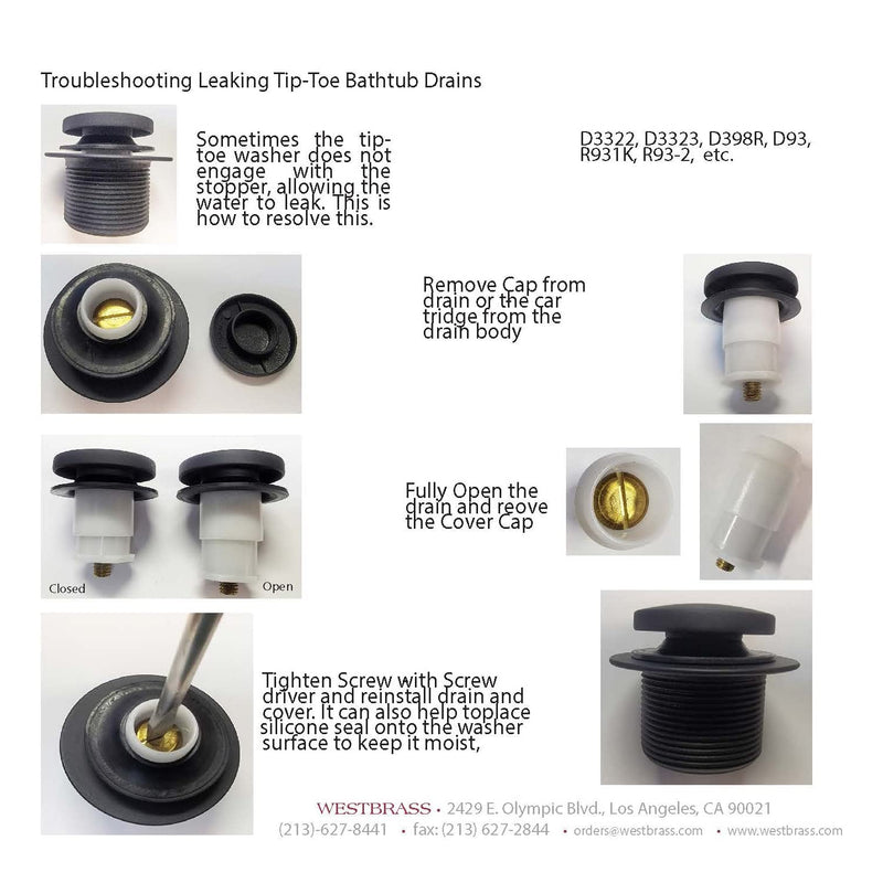 Westbrass D93-26 1-1/2" Coarse Thread Tip-Toe Bathtub Drain Plug Trim Set with One-Hole Overflow Faceplate, Polished Chrome 1 Pack