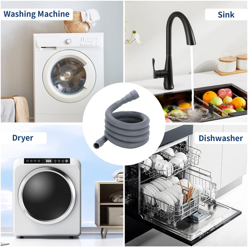 3.2 FT Washing Machine Drain Hose, Flexible Dishwasher Drain Hose Extension Kit, Universal Washer Drain Hose, Corrugated Washer Hose with 1 Adapter, 2 Hose Clamps, 1 U-Bend Hose Holder 3.2 FT
