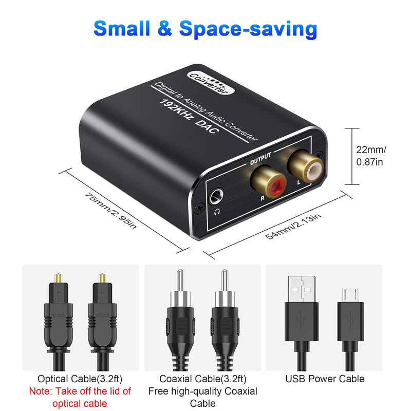 Digital to Analog Audio Converter, 192kHz DAC Digital Coaxial and Optical Toslink to Analog 3.5mm Jack Adapter and RCA (L/R) Stereo Audio Adapter with Optical Cable for HDTV Home Cinema Systems