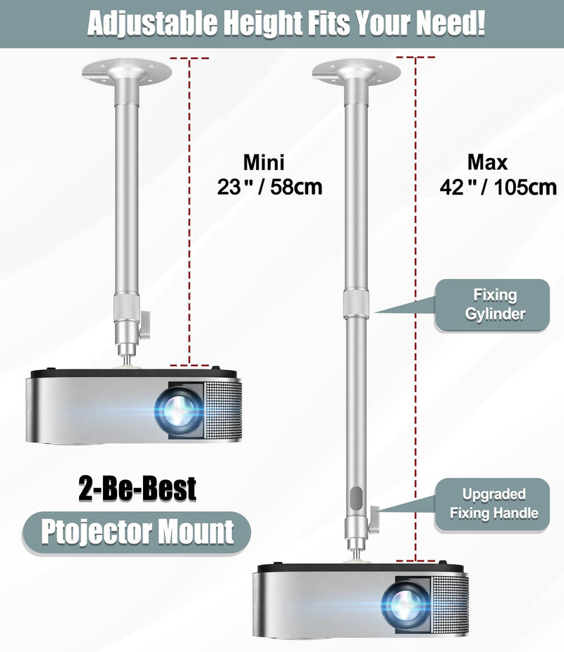 2 Be Best Upgraded Long Projector Mount, Universal Extendable Projector Ceiling Mount Projectors Wall Mount 23-42 IN / 58-105 CM 360° Adjustable Sliver High Profile Projectors Mount Silver High End