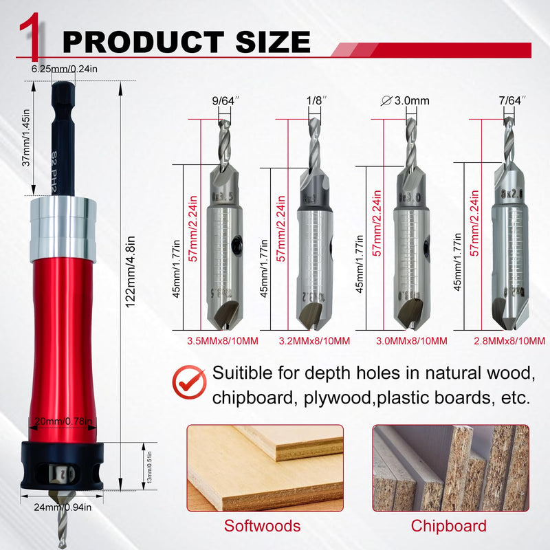Counterhead Drill Bit Set, 10 Piece Countersink Drill Bit Set for Wood with 90°Chamfer and Screwdriver Head PH2, 1/4" Hex Shank Quick Change for Woodworking with Storage Box.