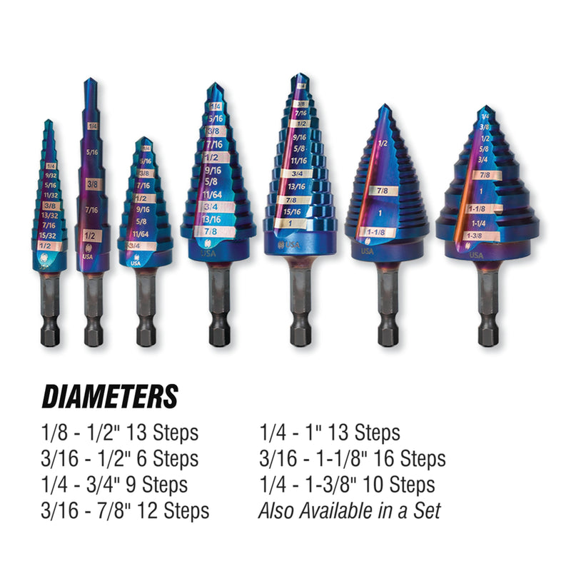 Spyder 3/16 to 1/2-inch Hex Shank 6-Step HSS Drill Bit with Mach-Blue Armor Plating for Steel, Aluminum, Stacked Materials, and More 3/16-Inch to 1/2-Inch