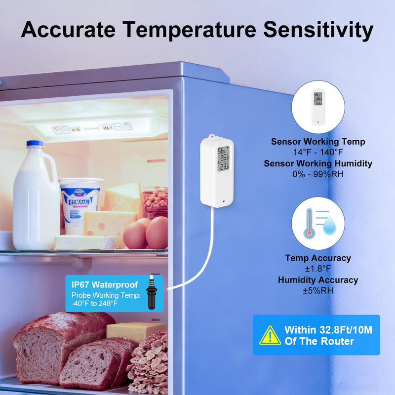 eMylo WiFi Refrigerator Thermometer Hygrometer Sensor, Wireless Freezer Temperature Humidity Monitor with App Alert, Free Data Storage Export, Dual Detection for Home Kitchen Fridge Aquarium Tub