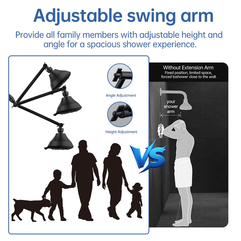 Joyrain 11-Inch Adjustable Shower Arm Extension | Unique Locking Gear Design | Universal G1/2 Fit for Standard Fixed Showerheads | Multiple Colors (Matte Black) Matte Black