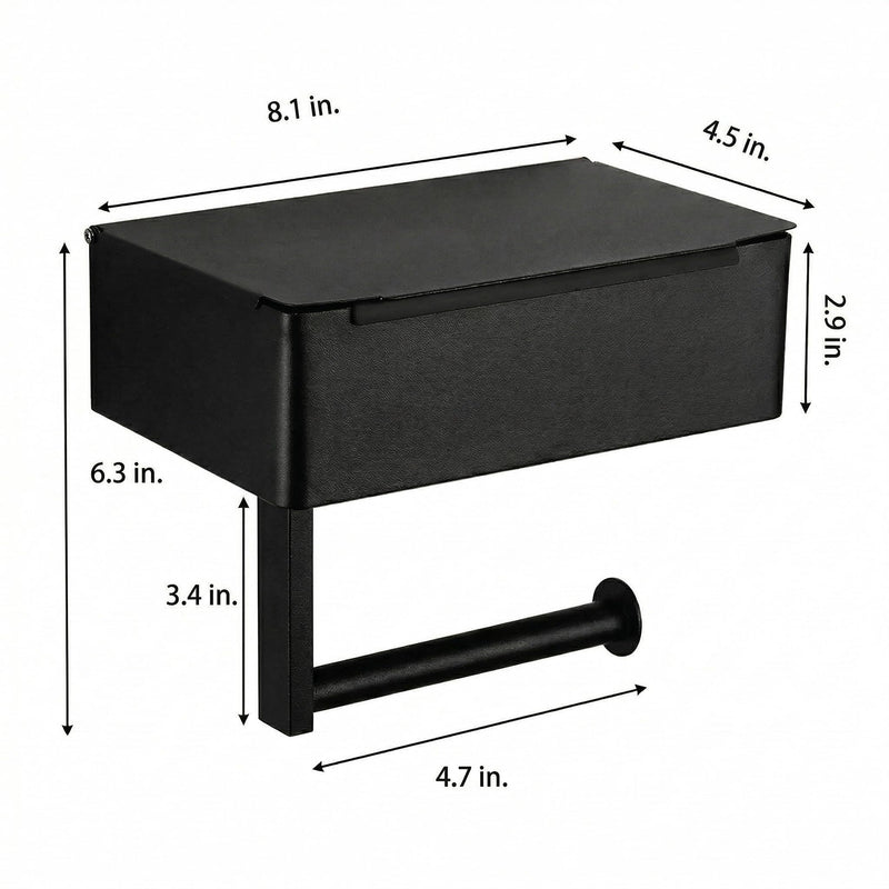 Black Toilet Paper Holder with Storage, Wall Mount Bathroom Tissue & Wipes Holder with Shelf, 2 Installation Methods (No-Drill/Drill), Includes Installation Instructions