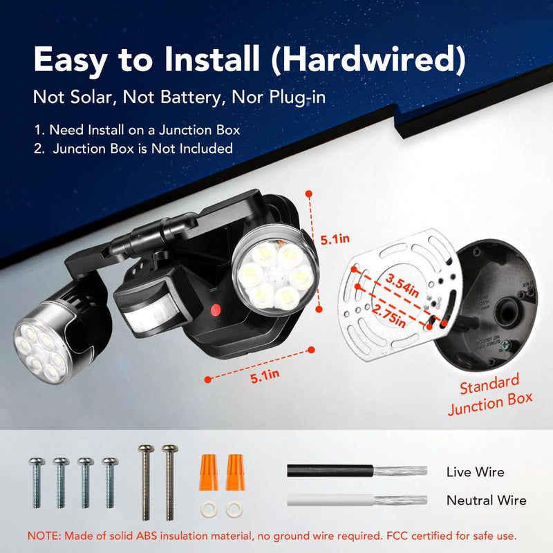 OREiN Motion Sensor Outdoor Lights, 450° Superwide Adjustment Dusk to Dawn Flood Lights Outdoor, 5000K 150W Equiv 3Modes Motion Lights for Outside LED Security Lights, IP65, Black (Hardwired) 2 Heads